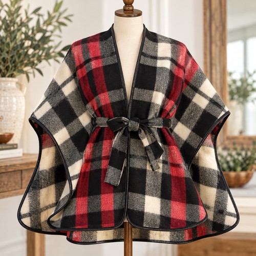 Plaid fleece wrap poncho - plaid,